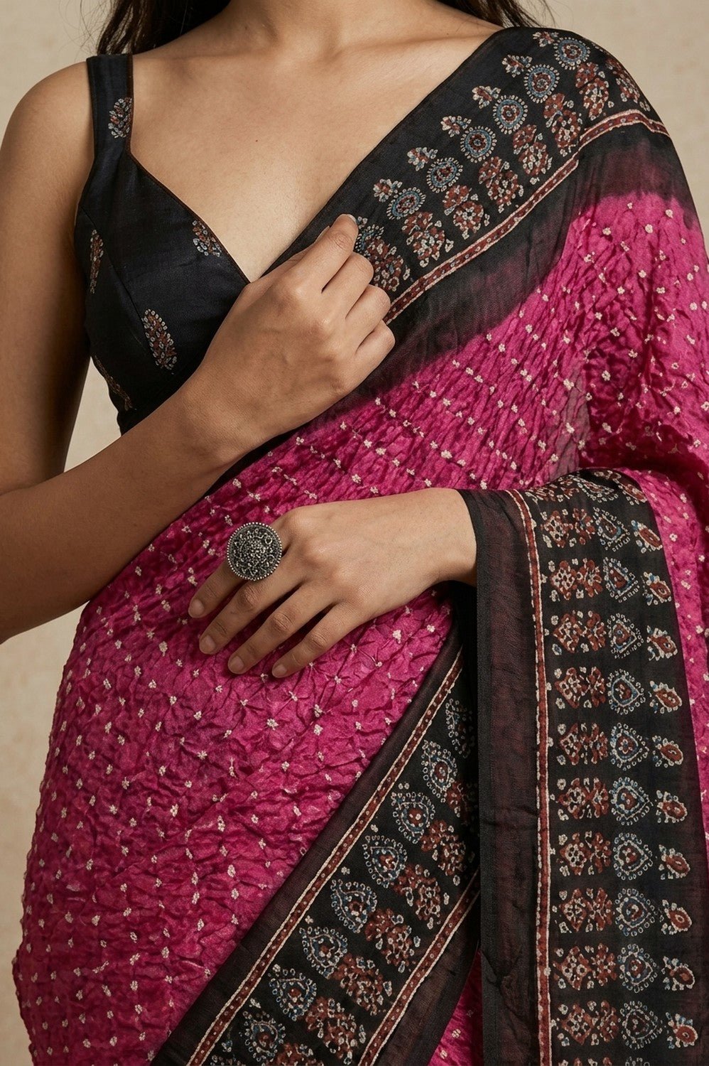 Mitti Ke Rang ~ Ajrakh Bandhani Handblock Printed Modal Silk Saree In Pink - verymuchindian.com