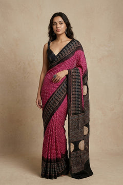 Mitti Ke Rang ~ Ajrakh Bandhani Handblock Printed Modal Silk Saree In Pink - verymuchindian.com