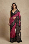 Mitti Ke Rang ~ Ajrakh Bandhani Handblock Printed Modal Silk Saree In Pink - verymuchindian.com