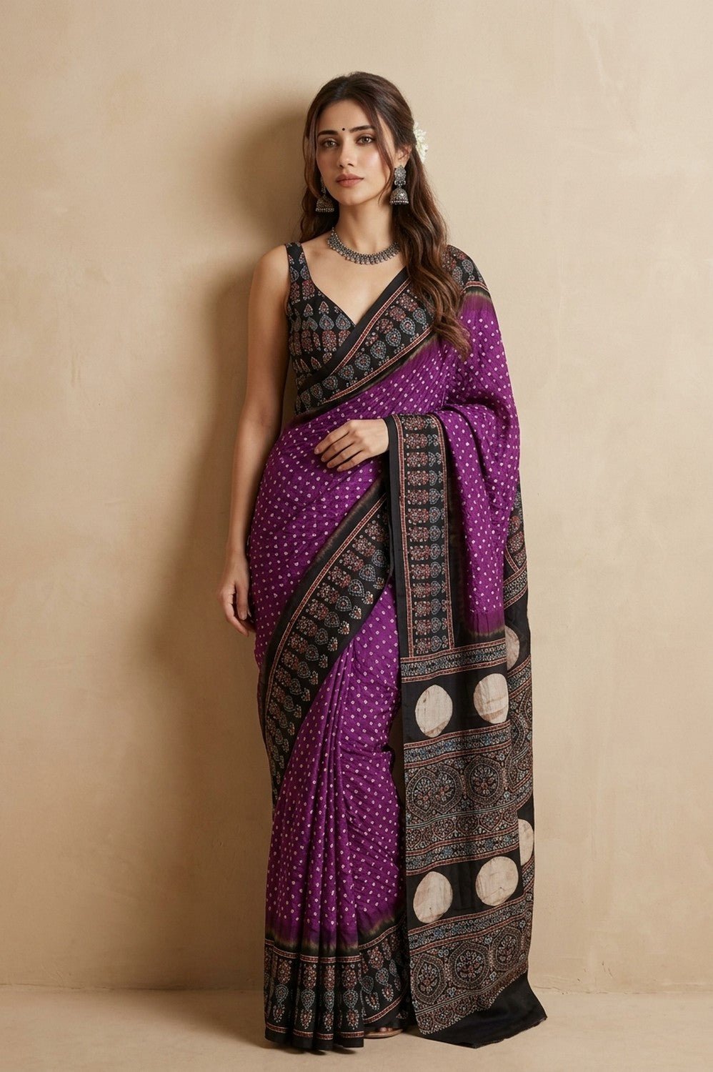 Mitti Ke Rang ~ Ajrakh Bandhani Handblock Printed Modal Silk Saree In Purple - verymuchindian.com