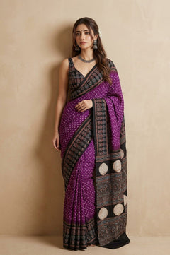 Mitti Ke Rang ~ Ajrakh Bandhani Handblock Printed Modal Silk Saree In Purple - verymuchindian.com