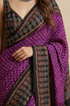 Mitti Ke Rang ~ Ajrakh Bandhani Handblock Printed Modal Silk Saree In Purple - verymuchindian.com