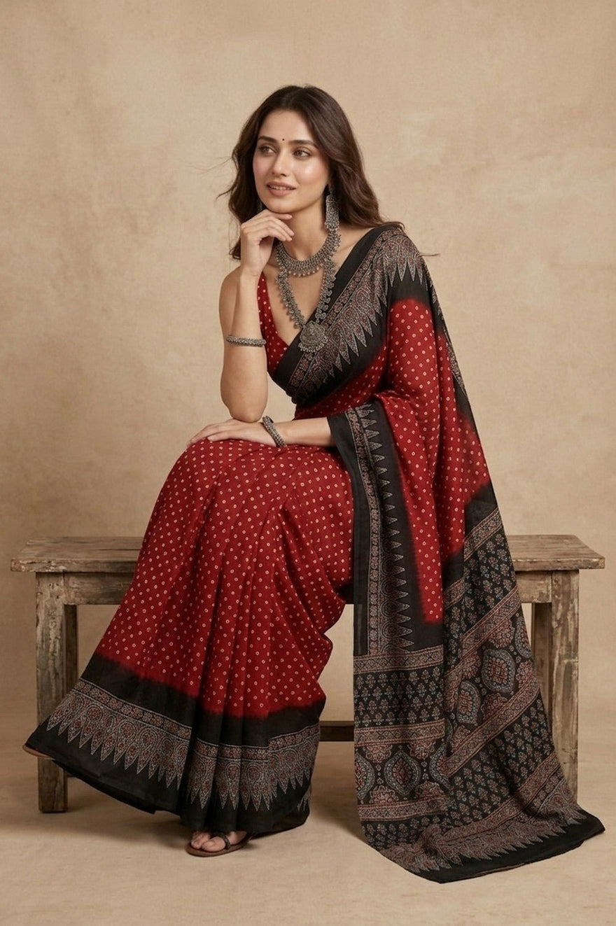 Mitti Ke Rang ~ Ajrakh Bandhani Handblock Printed Modal Silk Saree In Red - verymuchindian.com