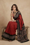 Mitti Ke Rang ~ Ajrakh Bandhani Handblock Printed Modal Silk Saree In Red - verymuchindian.com