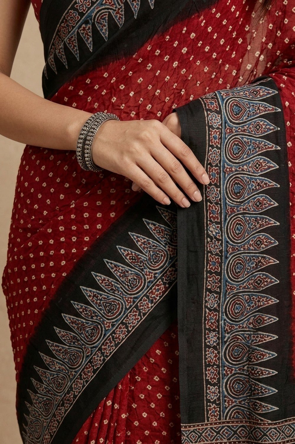 Mitti Ke Rang ~ Ajrakh Bandhani Handblock Printed Modal Silk Saree In Red - verymuchindian.com