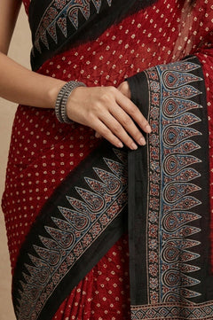 Mitti Ke Rang ~ Ajrakh Bandhani Handblock Printed Modal Silk Saree In Red - verymuchindian.com