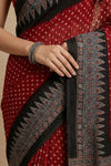 Mitti Ke Rang ~ Ajrakh Bandhani Handblock Printed Modal Silk Saree In Red - verymuchindian.com