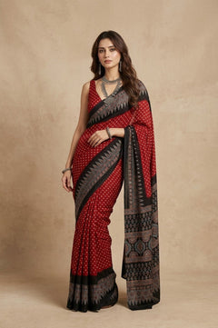 Mitti Ke Rang ~ Ajrakh Bandhani Handblock Printed Modal Silk Saree In Red - verymuchindian.com