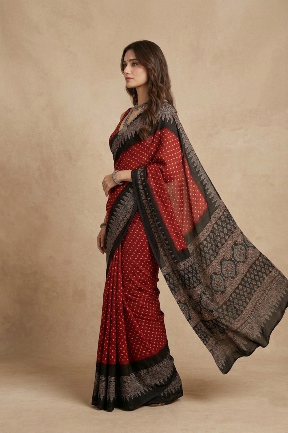 Mitti Ke Rang ~ Ajrakh Bandhani Handblock Printed Modal Silk Saree In Red - verymuchindian.com