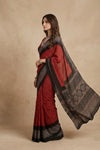 Mitti Ke Rang ~ Ajrakh Bandhani Handblock Printed Modal Silk Saree In Red - verymuchindian.com