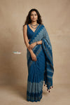 Mitti Ke Rang ~ Ajrakh Handblock Printed Cotton Saree in Azure Blue - verymuchindian.com
