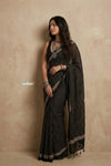 Mitti Ke Rang ~ Ajrakh Handblock Printed Cotton Saree in Black - verymuchindian.com