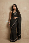 Mitti Ke Rang ~ Ajrakh Handblock Printed Cotton Saree in Black - verymuchindian.com