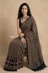 Mitti Ke Rang ~ Ajrakh Handblock Printed Cotton Saree in Black Beige Stripes - verymuchindian.com