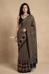 Mitti Ke Rang ~ Ajrakh Handblock Printed Cotton Saree in Black Beige Stripes - verymuchindian.com
