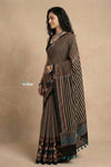 Mitti Ke Rang ~ Ajrakh Handblock Printed Cotton Saree in Black Beige Stripes - verymuchindian.com