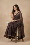 Mitti Ke Rang ~ Ajrakh Handblock Printed Cotton Saree in Black Stripe - verymuchindian.com