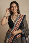 Mitti Ke Rang ~ Ajrakh Handblock Printed Cotton Saree in Black Stripe - verymuchindian.com