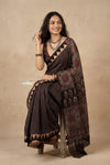 Mitti Ke Rang ~ Ajrakh Handblock Printed Cotton Saree in Black Stripe - verymuchindian.com