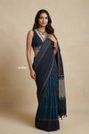 Mitti Ke Rang ~ Ajrakh Handblock Printed Cotton Saree in Dark Blue - verymuchindian.com