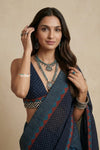 Mitti Ke Rang ~ Ajrakh Handblock Printed Cotton Saree in Dark Blue - verymuchindian.com