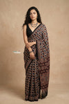 Mitti Ke Rang ~ Ajrakh Handblock Printed Cotton Saree in Doting Black - verymuchindian.com
