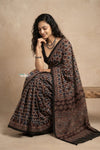 Mitti Ke Rang ~ Ajrakh Handblock Printed Cotton Saree in Doting Black - verymuchindian.com