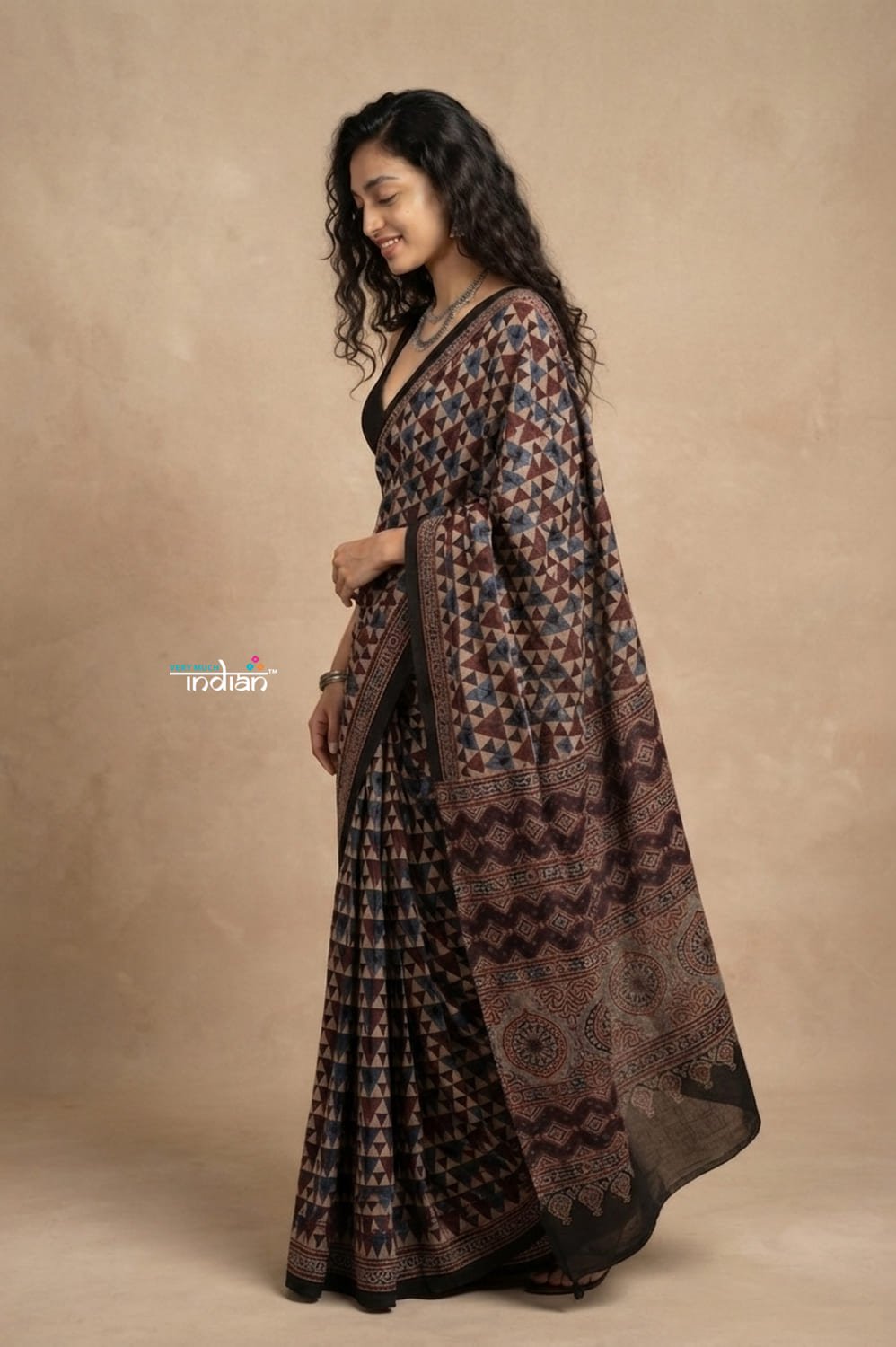 Mitti Ke Rang ~ Ajrakh Handblock Printed Cotton Saree in Doting Black - verymuchindian.com
