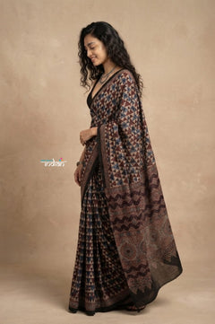 Mitti Ke Rang ~ Ajrakh Handblock Printed Cotton Saree in Doting Black - verymuchindian.com