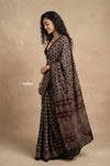 Mitti Ke Rang ~ Ajrakh Handblock Printed Cotton Saree in Doting Black - verymuchindian.com