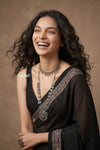 Mitti Ke Rang ~ Ajrakh Handblock Printed Cotton Saree in Onyx Black - verymuchindian.com