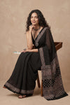 Mitti Ke Rang ~ Ajrakh Handblock Printed Cotton Saree in Onyx Black - verymuchindian.com