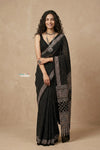 Mitti Ke Rang ~ Ajrakh Handblock Printed Cotton Saree in Onyx Black - verymuchindian.com