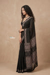 Mitti Ke Rang ~ Ajrakh Handblock Printed Cotton Saree in Onyx Black - verymuchindian.com