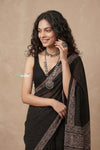 Mitti Ke Rang ~ Ajrakh Handblock Printed Cotton Saree in Onyx Black - verymuchindian.com