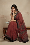 Mitti Ke Rang ~ Ajrakh Handblock Printed Cotton Saree in Red Stripe - verymuchindian.com