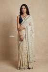 Mitti Ke Rang ~ Ajrakh Handblock Printed Cotton Saree in White - verymuchindian.com
