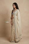Mitti Ke Rang ~ Ajrakh Handblock Printed Cotton Saree in White - verymuchindian.com