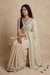 Mitti Ke Rang ~ Ajrakh Handblock Printed Cotton Saree in White - verymuchindian.com