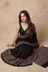 Mitti Ke Rang ~ Ajrakh Handblock Printed Modal Silk Saree in Black - verymuchindian.com