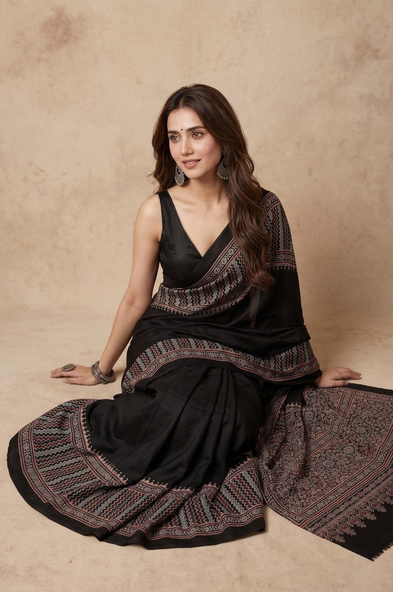 Mitti Ke Rang ~ Ajrakh Handblock Printed Modal Silk Saree in Black ...