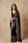 Mitti Ke Rang ~ Ajrakh Handblock Printed Modal Silk Saree in Black - verymuchindian.com