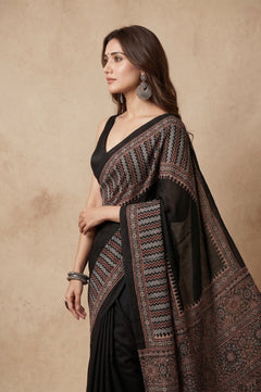 Mitti Ke Rang ~ Ajrakh Handblock Printed Modal Silk Saree in Black - verymuchindian.com
