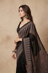 Mitti Ke Rang ~ Ajrakh Handblock Printed Modal Silk Saree in Black - verymuchindian.com