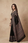 Mitti Ke Rang ~ Ajrakh Handblock Printed Modal Silk Saree in Black - verymuchindian.com