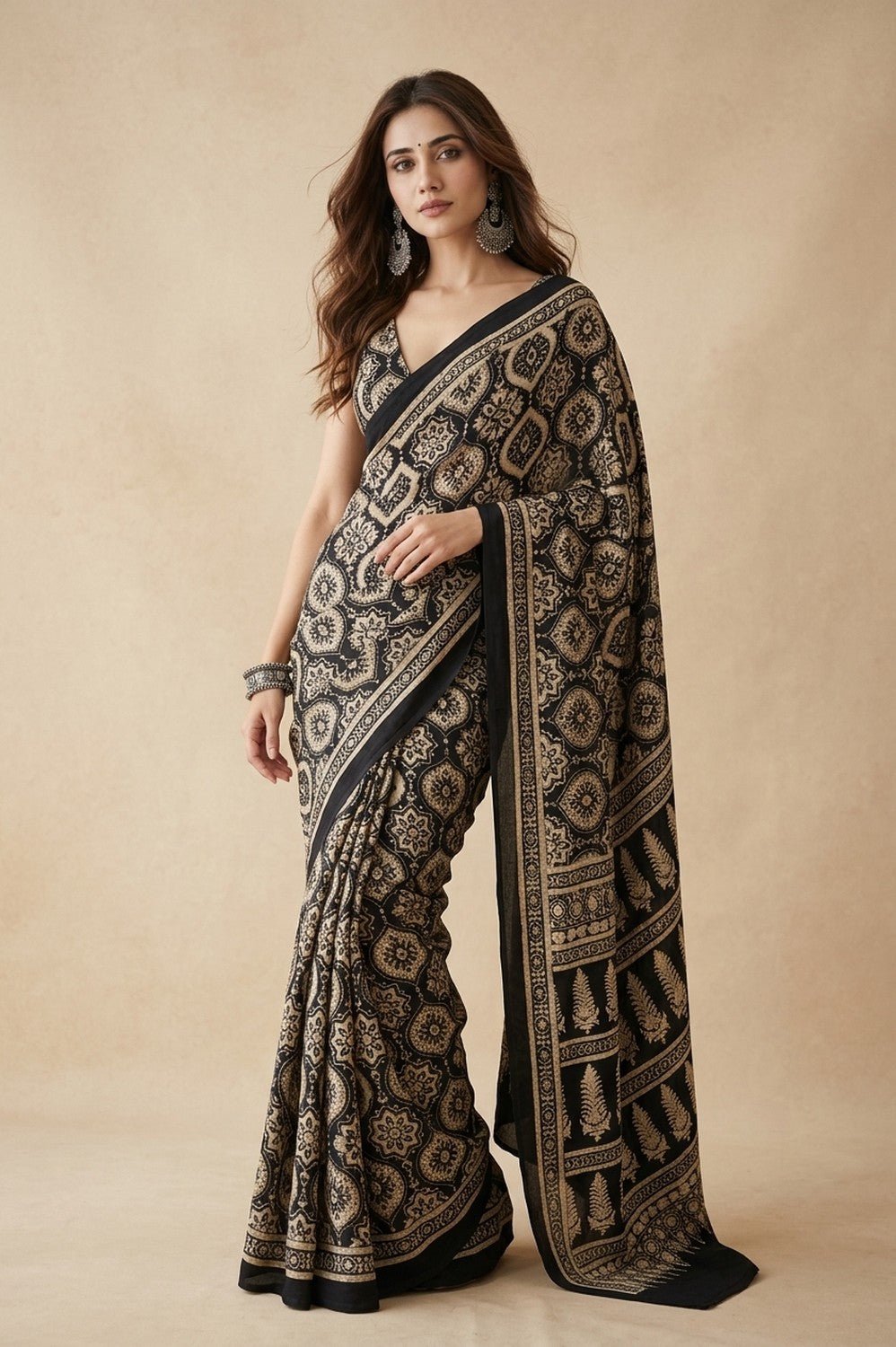 Mitti Ke Rang ~ Ajrakh Handblock Printed Modal Silk Saree in Black and Beige - verymuchindian.com