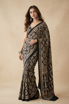 Mitti Ke Rang ~ Ajrakh Handblock Printed Modal Silk Saree in Black and Beige - verymuchindian.com