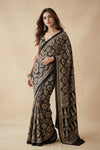 Mitti Ke Rang ~ Ajrakh Handblock Printed Modal Silk Saree in Black and Beige - verymuchindian.com