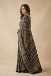 Mitti Ke Rang ~ Ajrakh Handblock Printed Modal Silk Saree in Black and Beige - verymuchindian.com