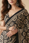 Mitti Ke Rang ~ Ajrakh Handblock Printed Modal Silk Saree in Black and Beige - verymuchindian.com